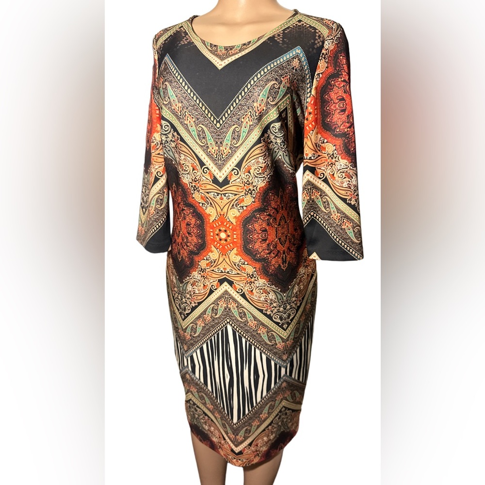 Eci New York ~ Size 10 ~ Sheath 3/4 Sleeves Floral Paisley Mod Groovy Dress